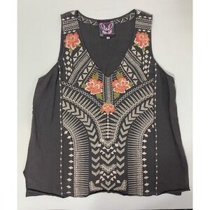 Johnny Was Boho Floral Embroidered 100% Linen Tank Size Medium Gray